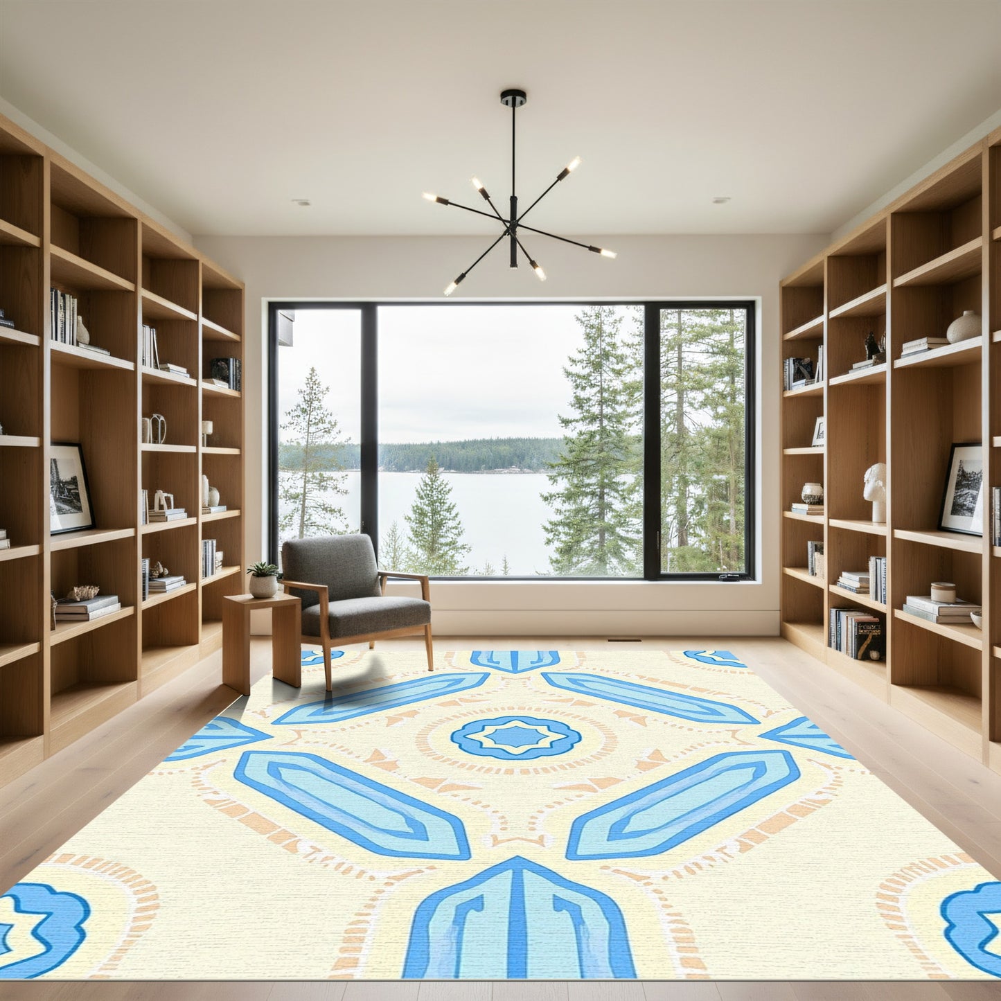 Light Yellow Blue Geometric Symmetry Rug