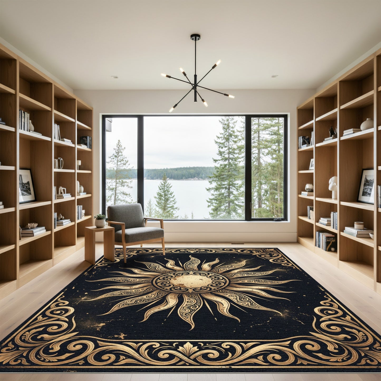 Ornate Celestial Sun Gold Black Rug