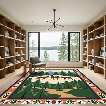 Brown Deer Forest Mountain Landscape Rug