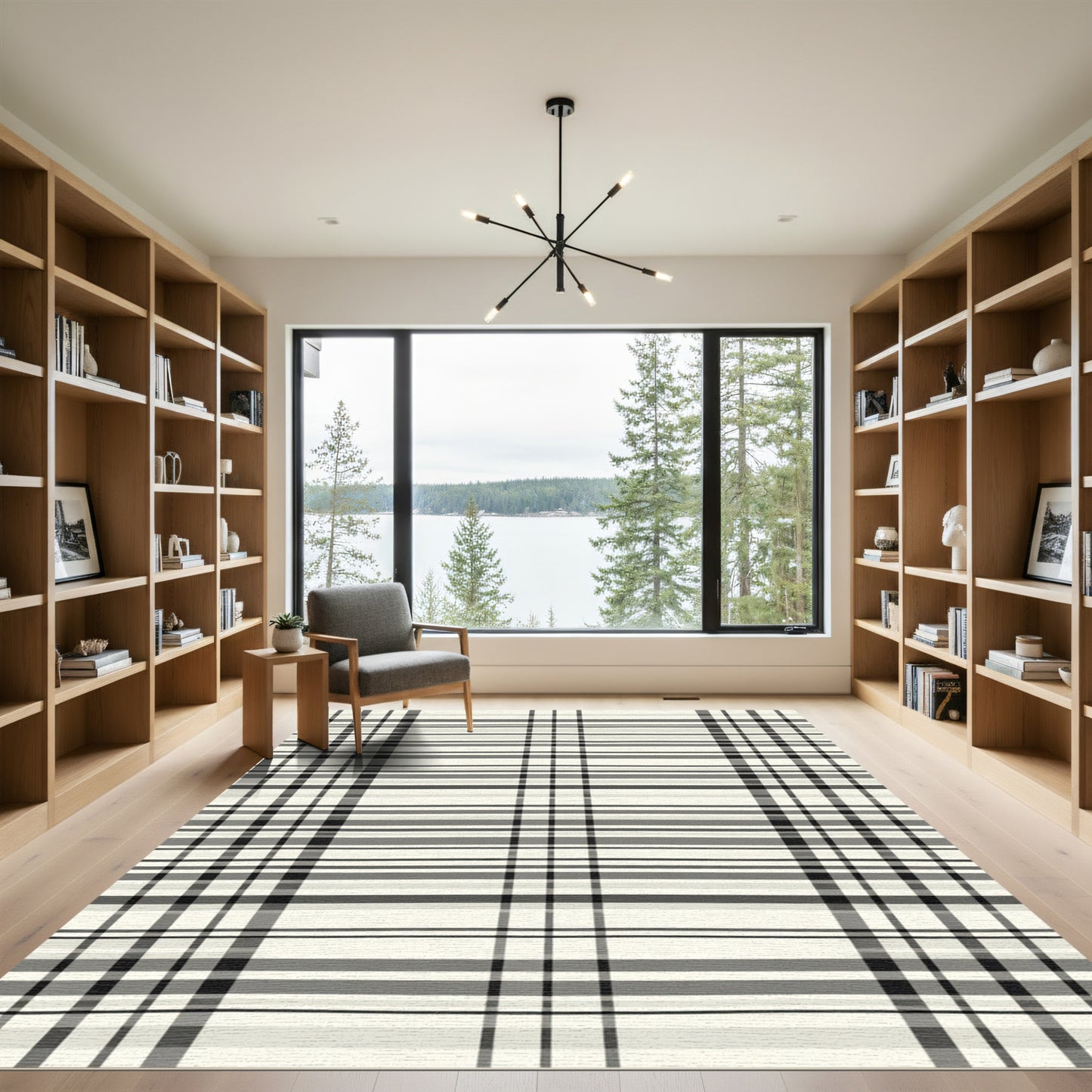 Classic Gray Black Plaid Stripes Rug