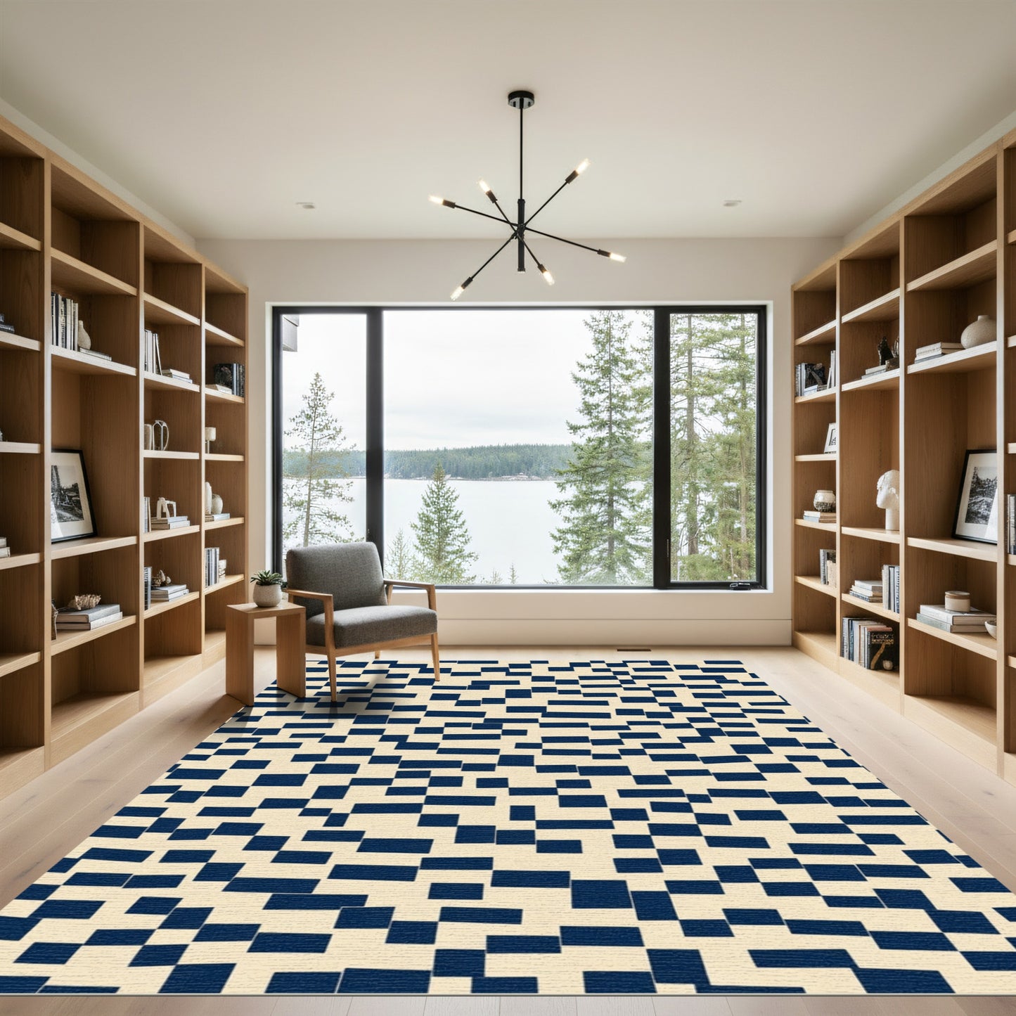 Navy Blue Scattered Rectangles Cream Rug