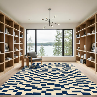 Navy Blue Scattered Rectangles Cream Rug