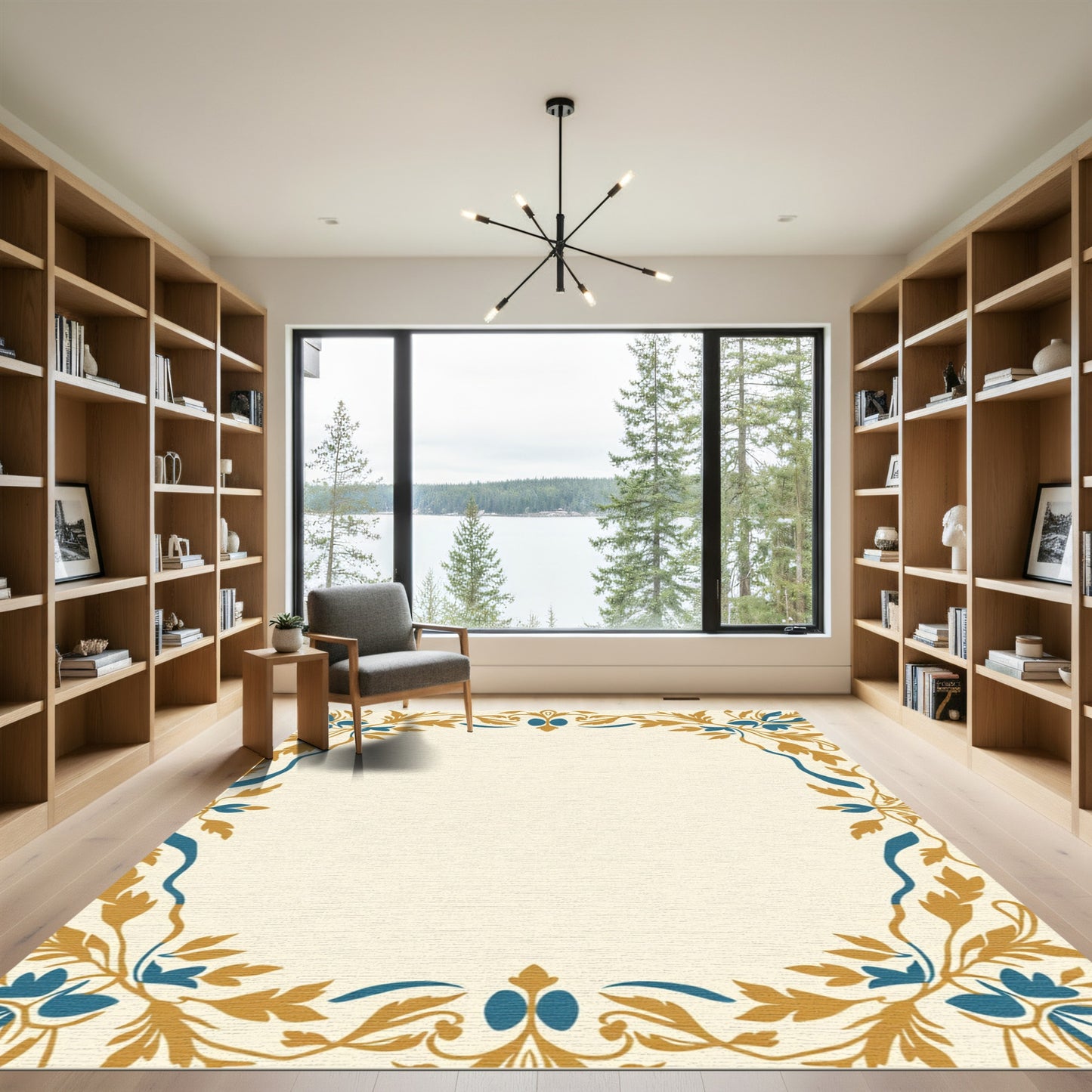 Golden Teal Floral Swirl Border Rug