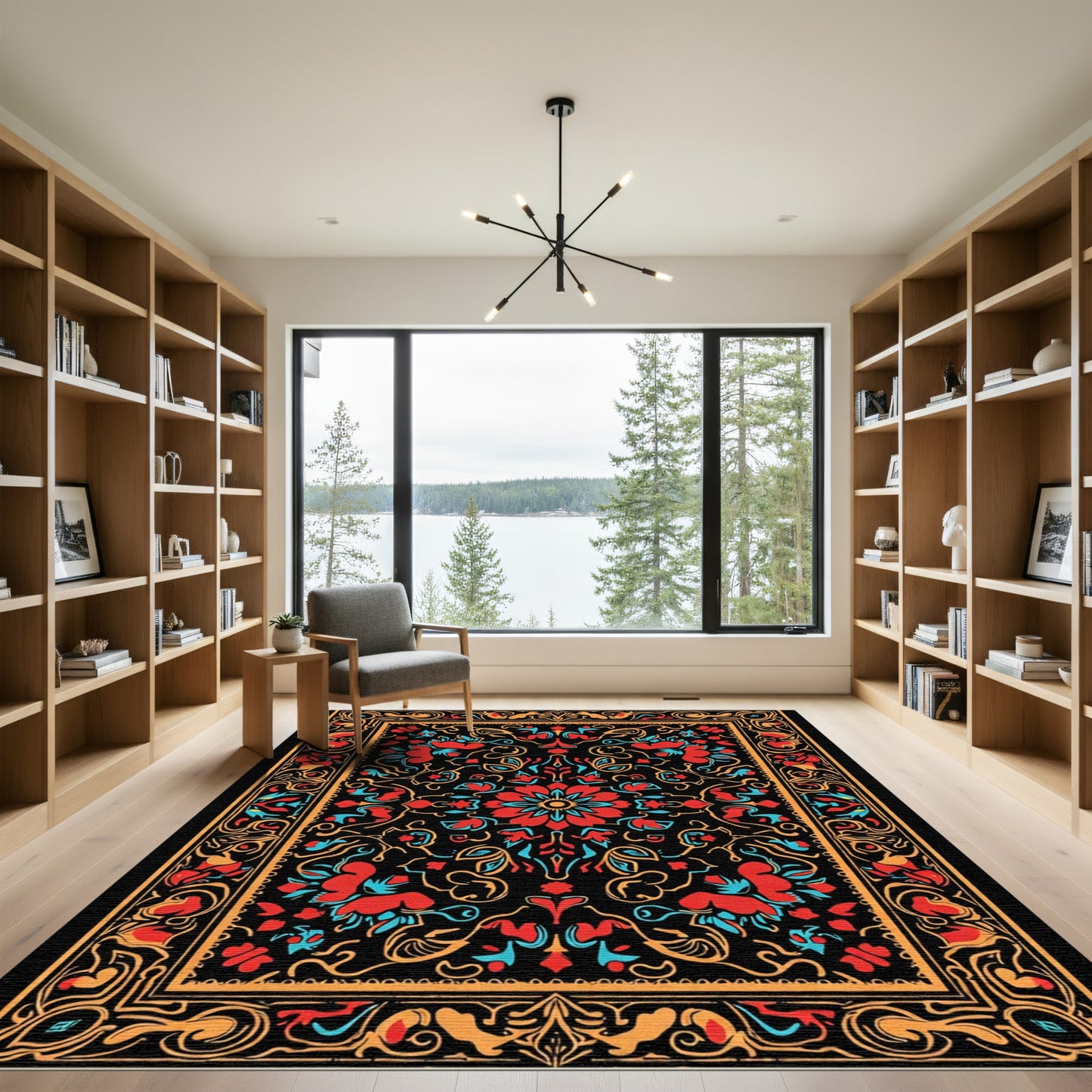 Bold Red Blue Floral Medallion Artwork Rug