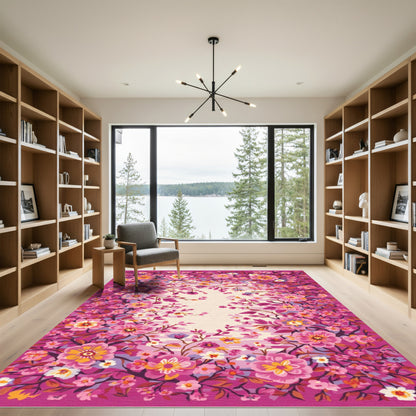 Vibrant Pink Floral Branch Garden Rug