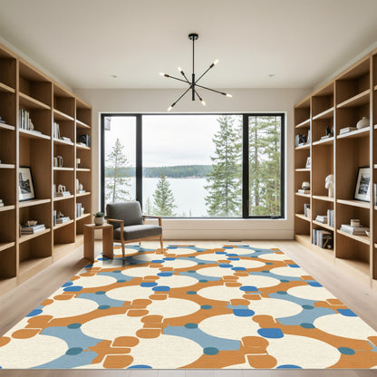 Retro Blue Ochre Interlocking Circles Rug