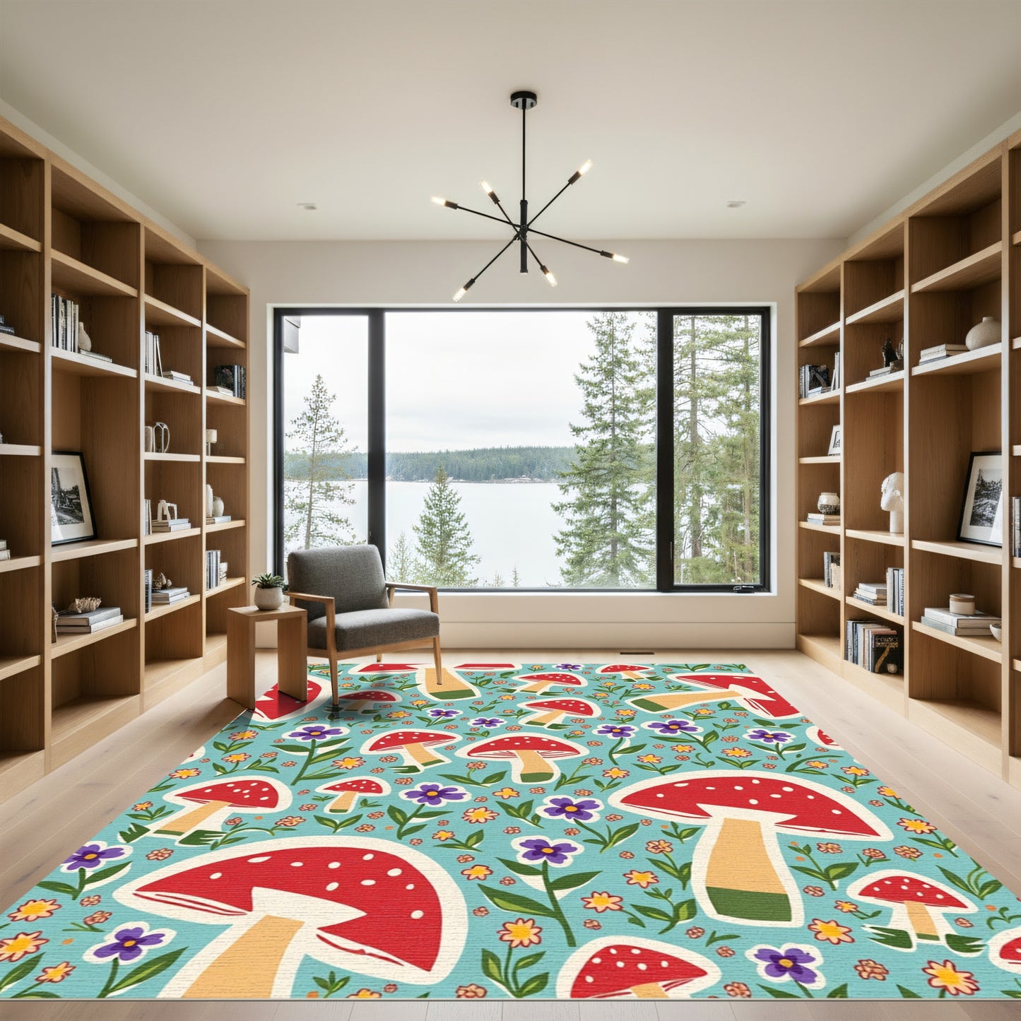 Whimsical Red Mushroom Floral Meadow Rug