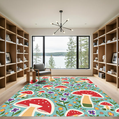Whimsical Red Mushroom Floral Meadow Rug