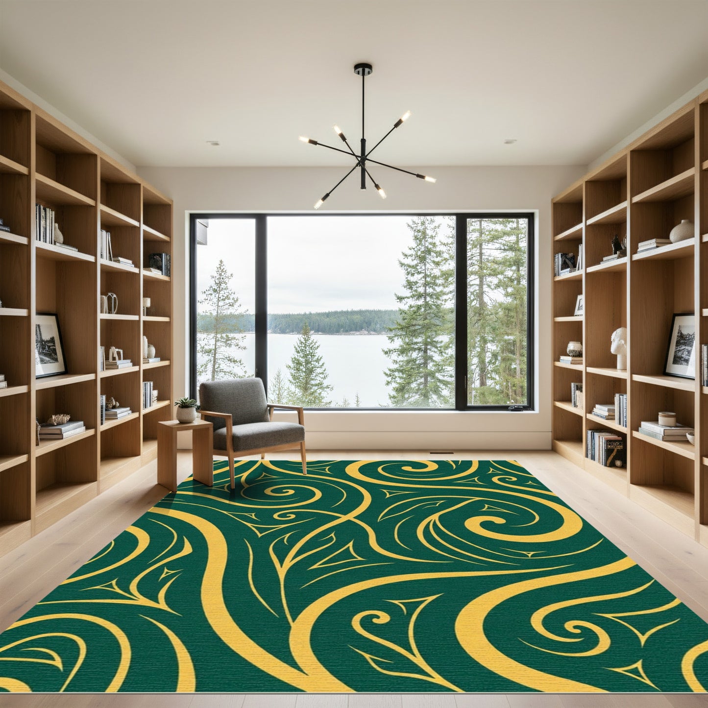 Deep Green Gold Swirl Botanical Rug