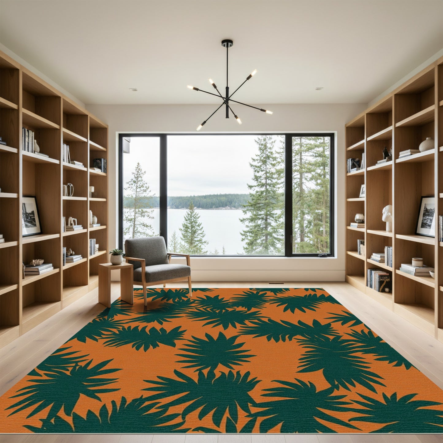 Deep Green Palm Frond Orange Rug