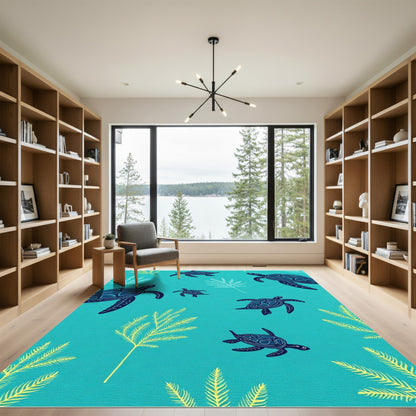 Deep Blue Sea Turtle Aquatic Foliage Rug