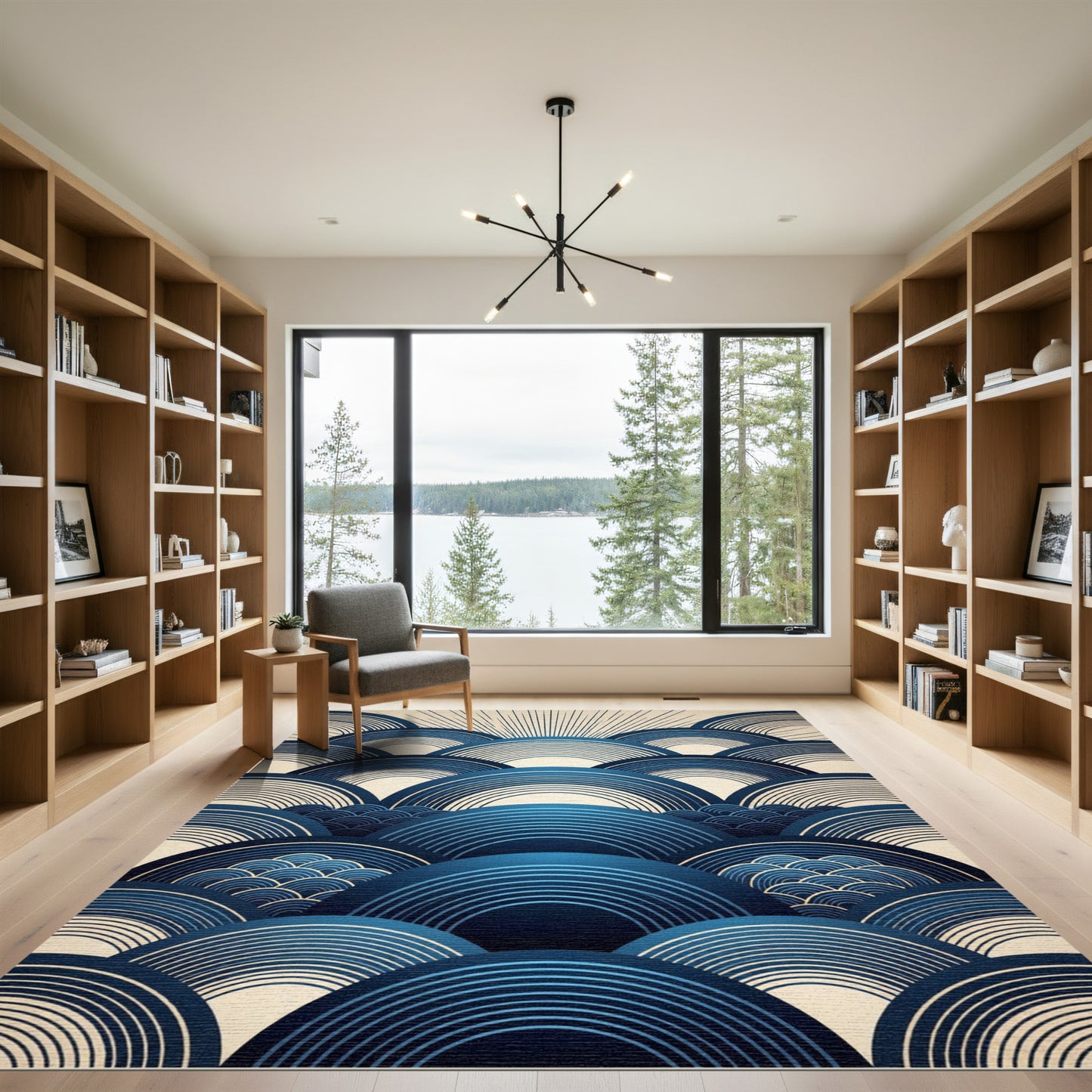 Modern Indigo Concentric Wave Circular Art Rug