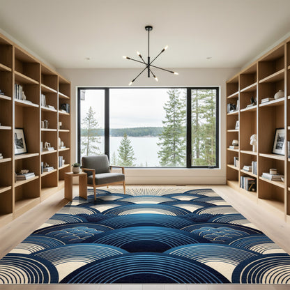 Modern Indigo Concentric Wave Circular Art Rug