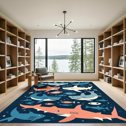 Coral Blue Shark School Collage Rug