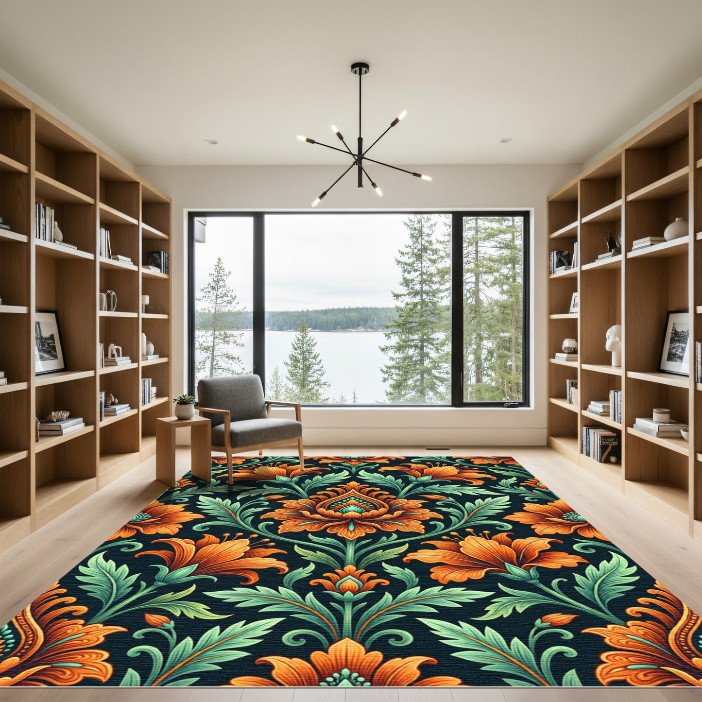Vibrant Orange Floral Damask Art Rug