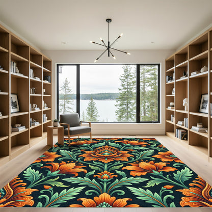Vibrant Orange Floral Damask Art Rug