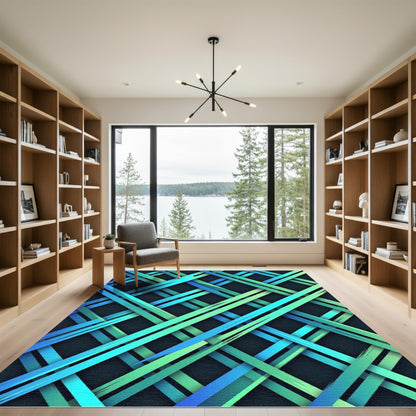 Modern Teal and Lime Intersecting Stripe Rug