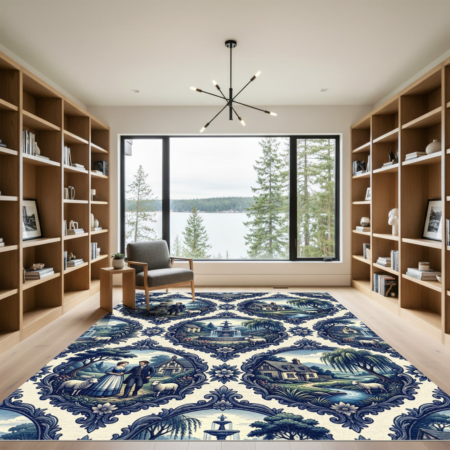 Blue Toile Pastoral Landscape Scroll Damask Rug