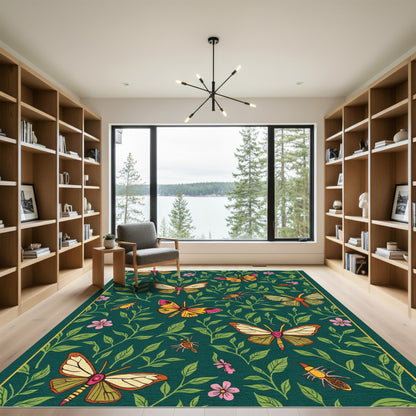 Emerald Green Butterfly Garden Whimsy Rug