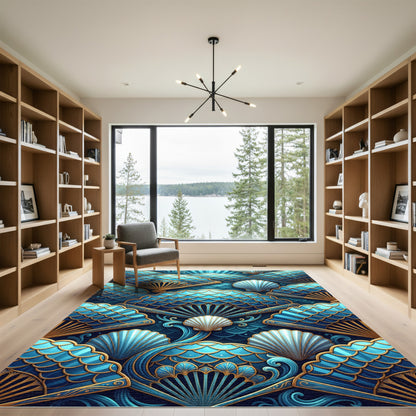 Oceanic Blue Gold Fan Shell Rug