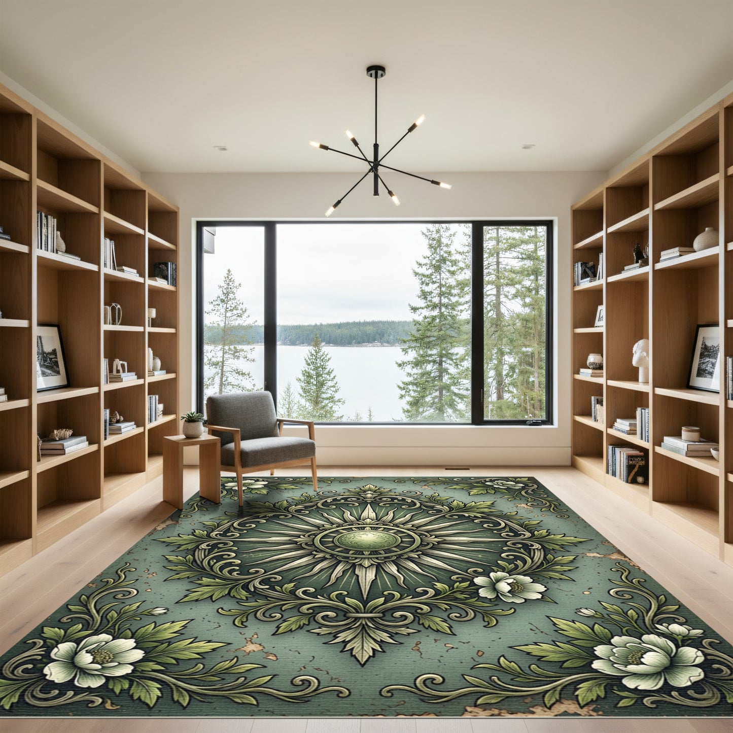 Sage Green Radiant Sun Floral Engraving Rug