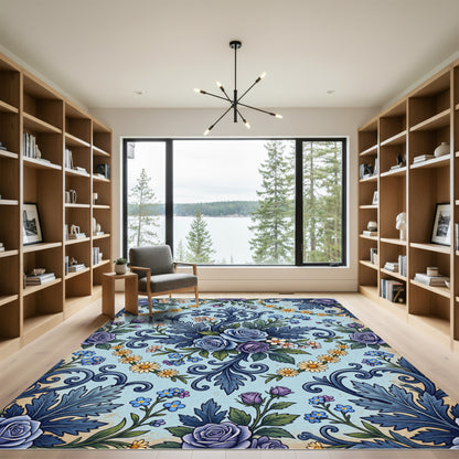 Vintage Blue Rose Floral Scroll Rug