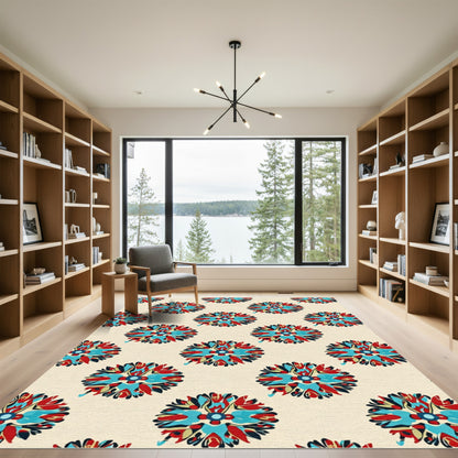 Crimson Teal Sunburst Floral Medallion Rug
