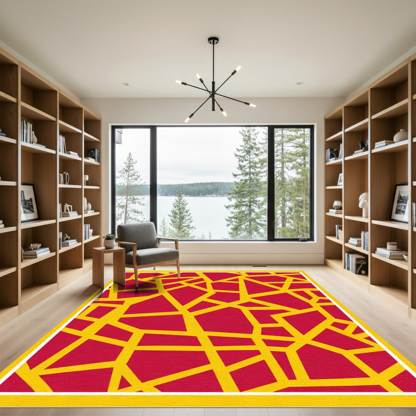 Crimson Yellow Angular Network Rug