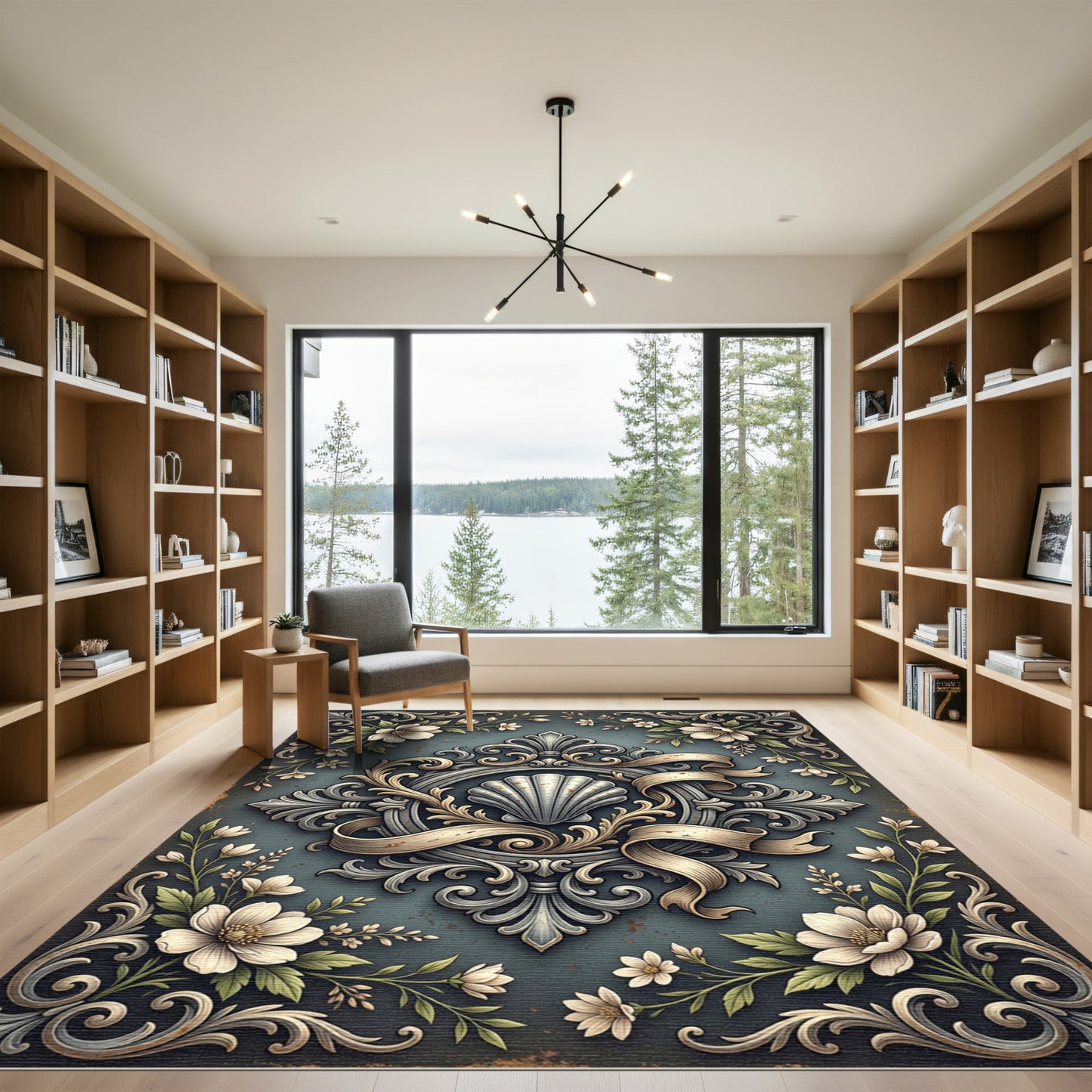 Elegant Shell Medallion Floral Slate Rug