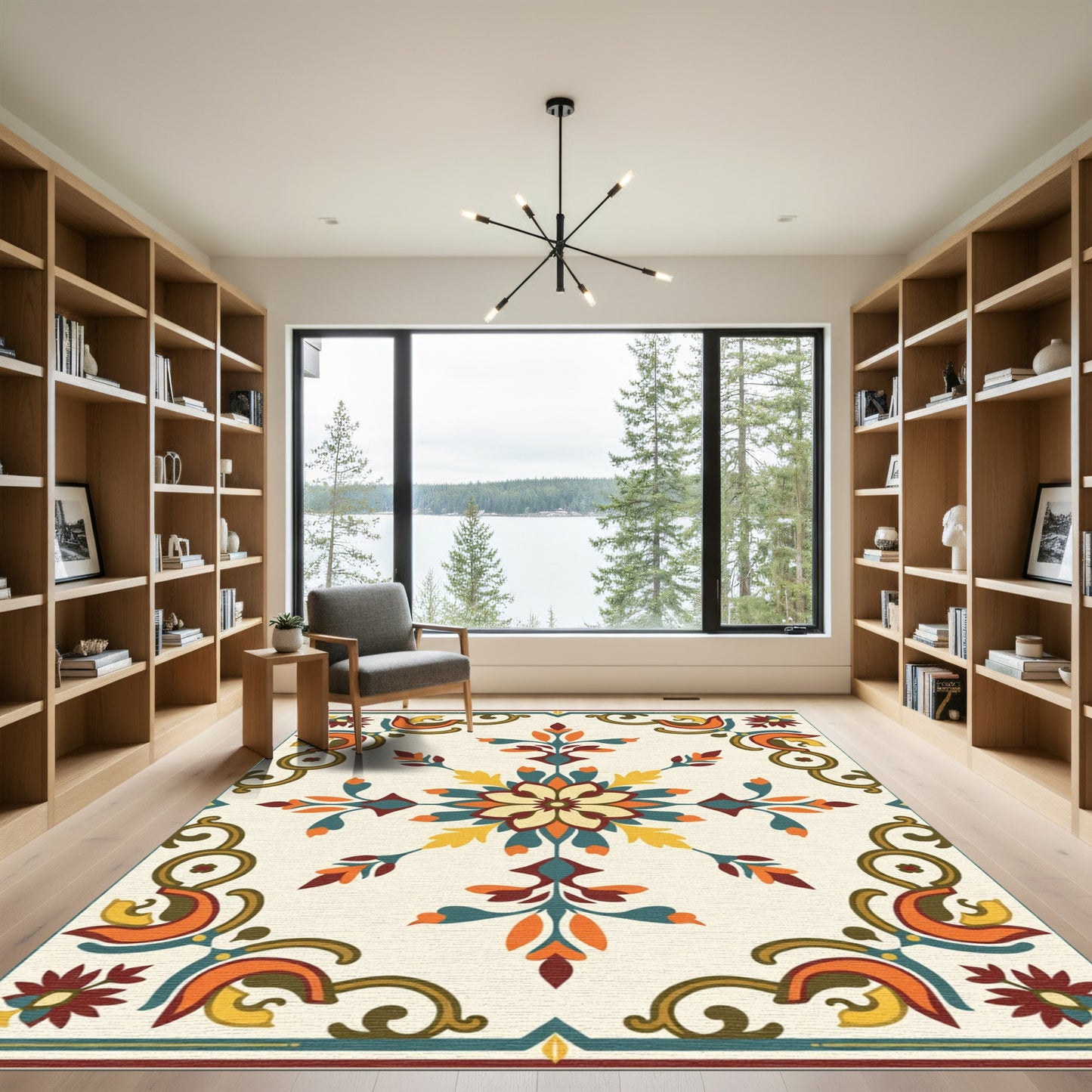 Terracotta Teal Golden Floral Arrangement Rug