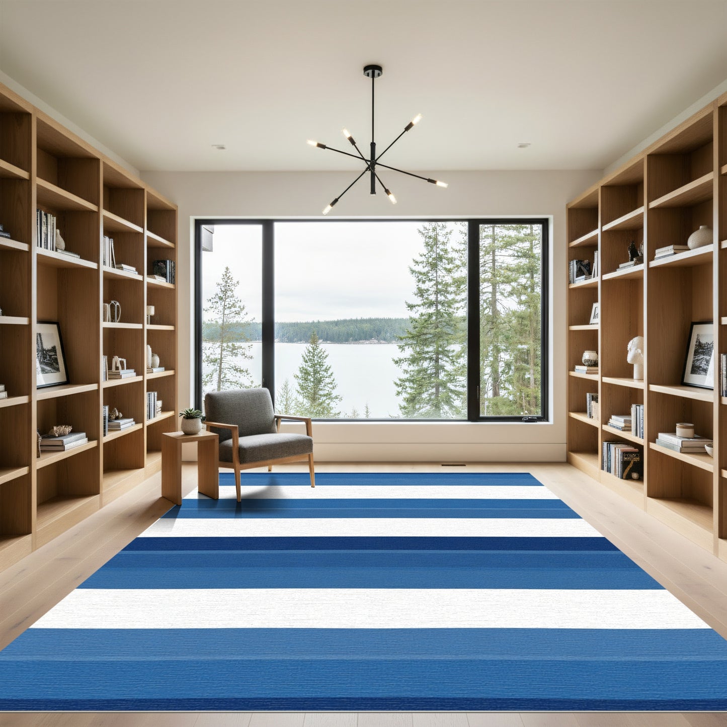 Deep Blue Layered Stripe Abstract Rug