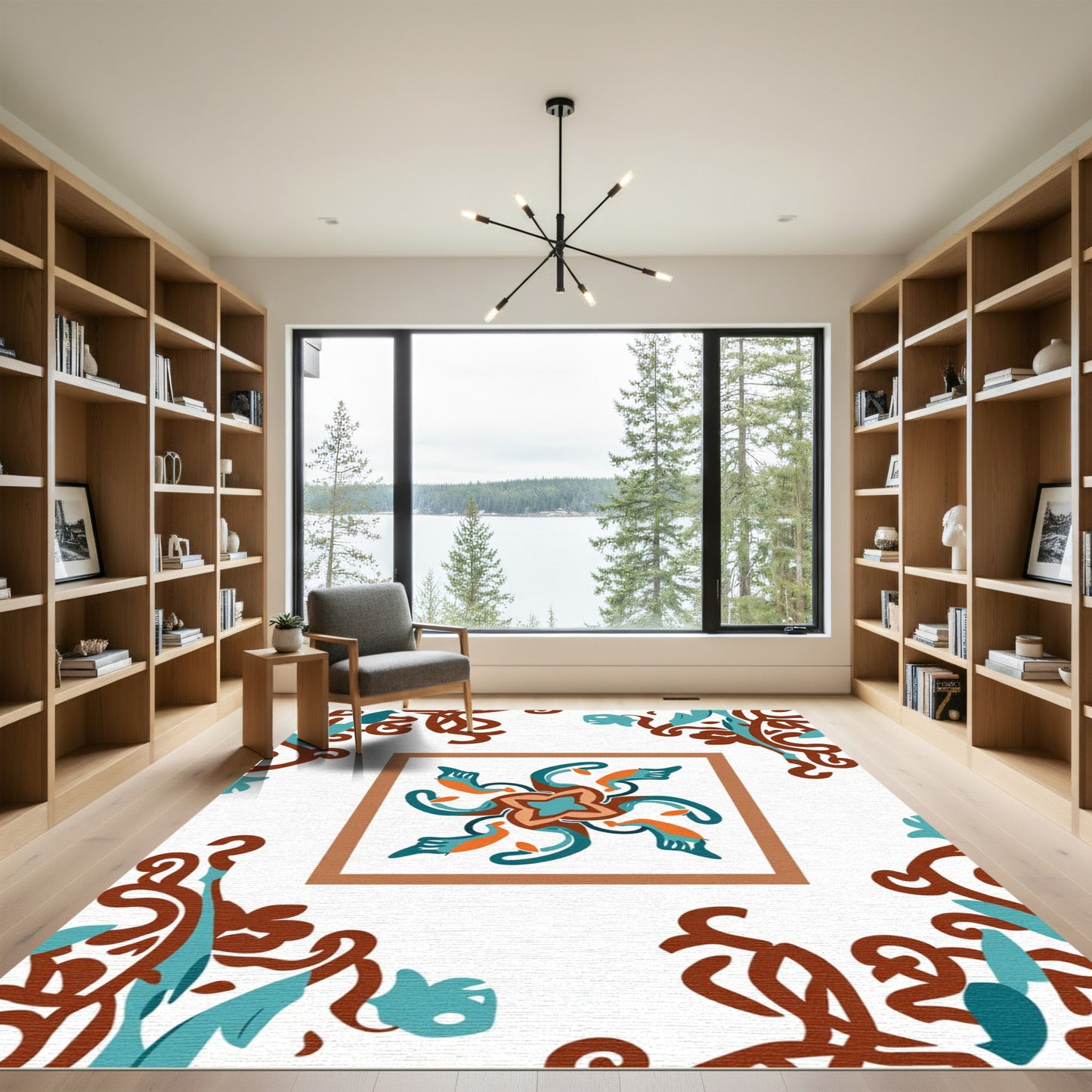 Orange Teal Swirl Floral Medallion Rug