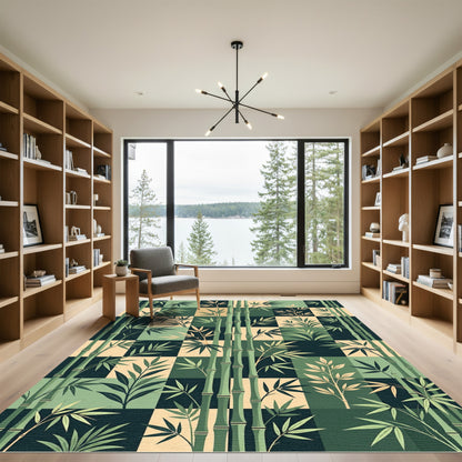 Earthy Green Bamboo Grid Checkered Rug