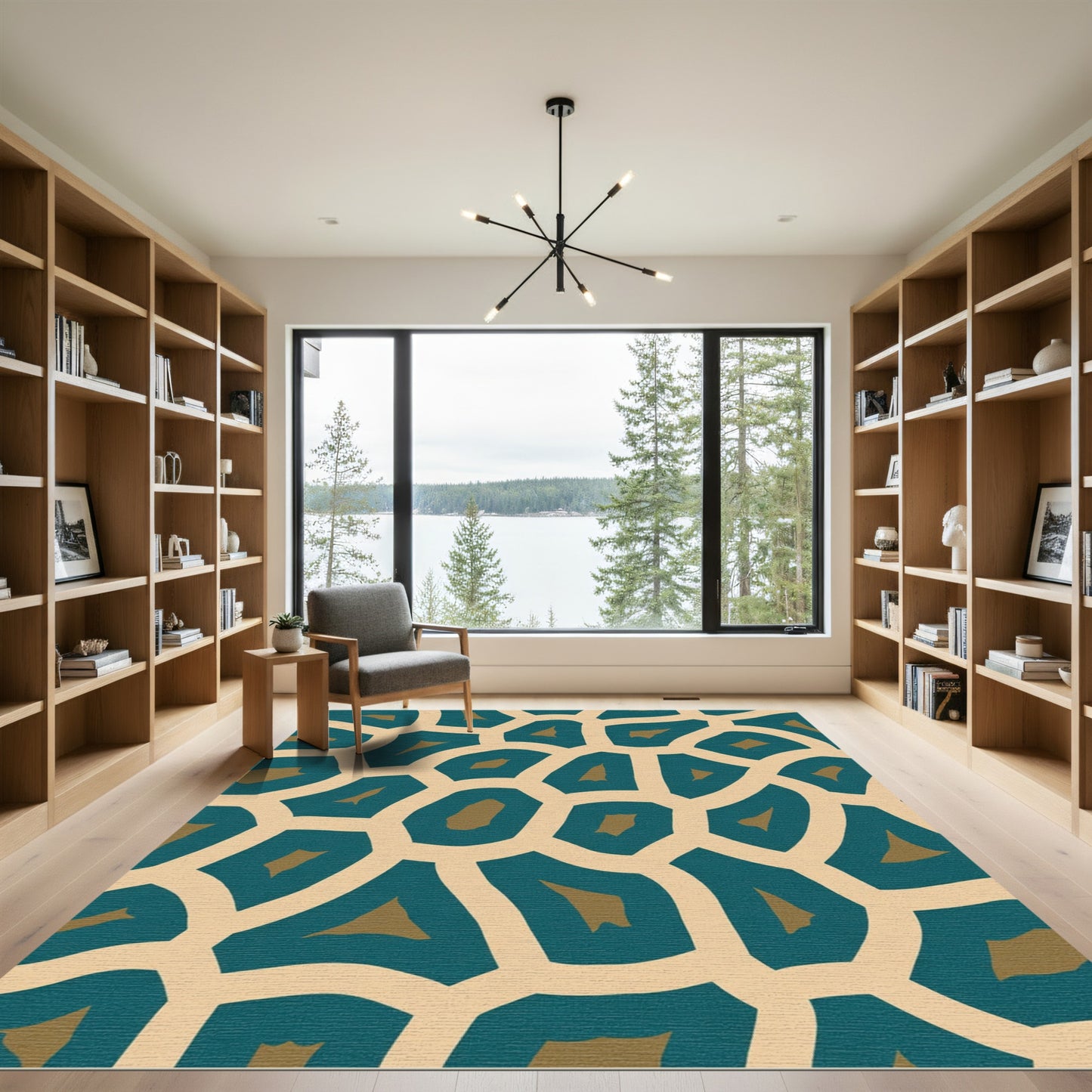 Teal Gold Geometric Organic Shape Rug