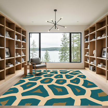 Teal Gold Geometric Organic Shape Rug