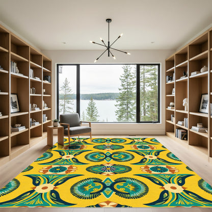 Rich Yellow Teal Floral Medallion Rug