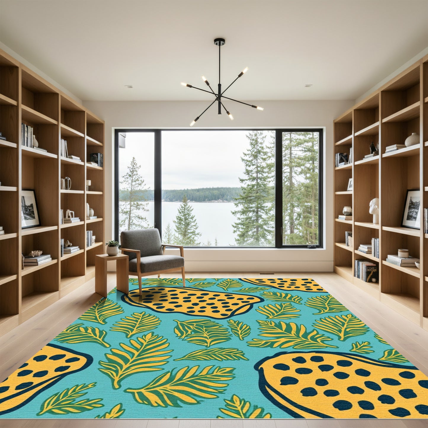 Turquoise Yellow Leaf Animal Print Rug