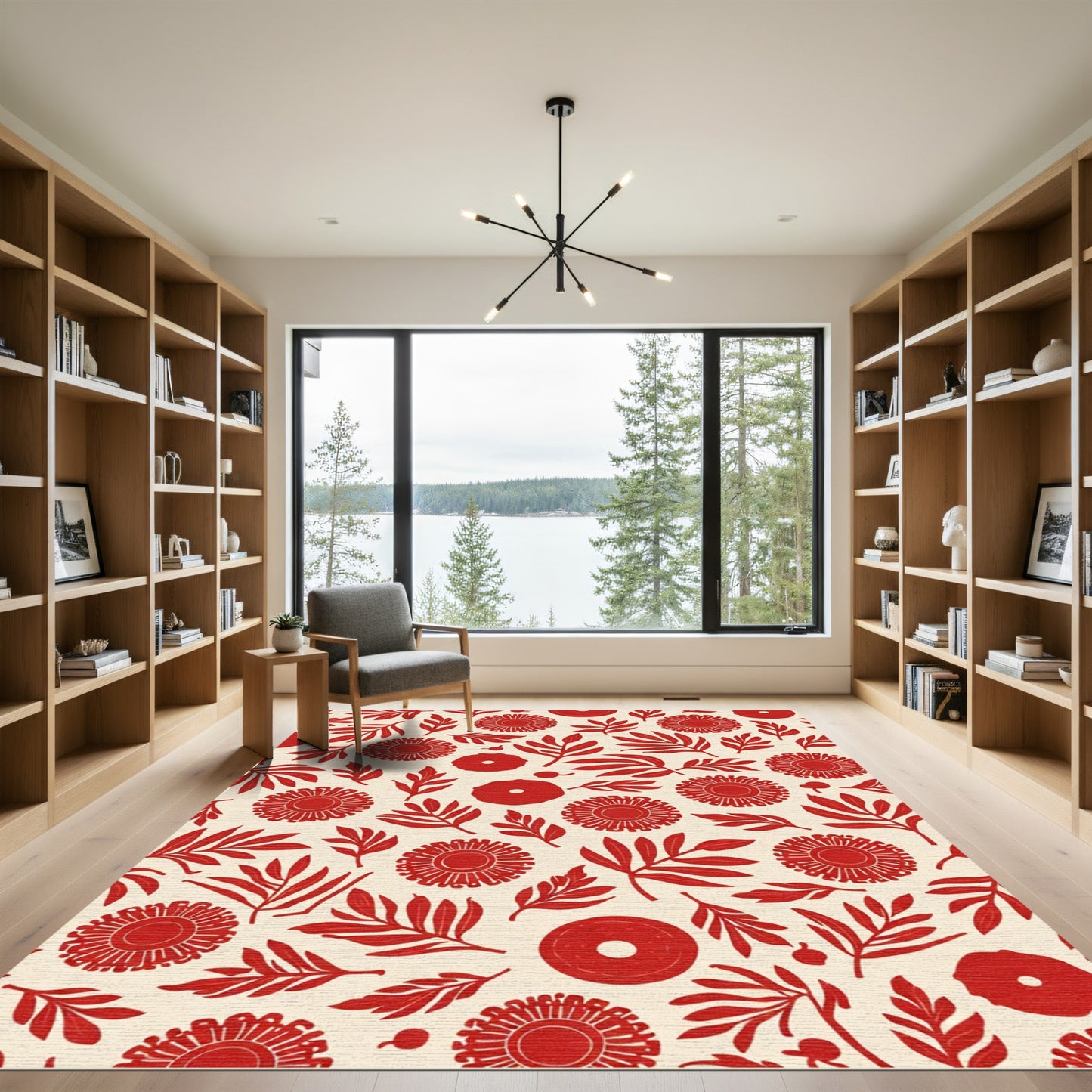 Crimson Floral Branch Pattern Rug