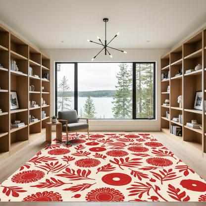 Crimson Floral Branch Pattern Rug