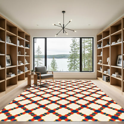 Crimson Blue Quatrefoil Lattice Rug