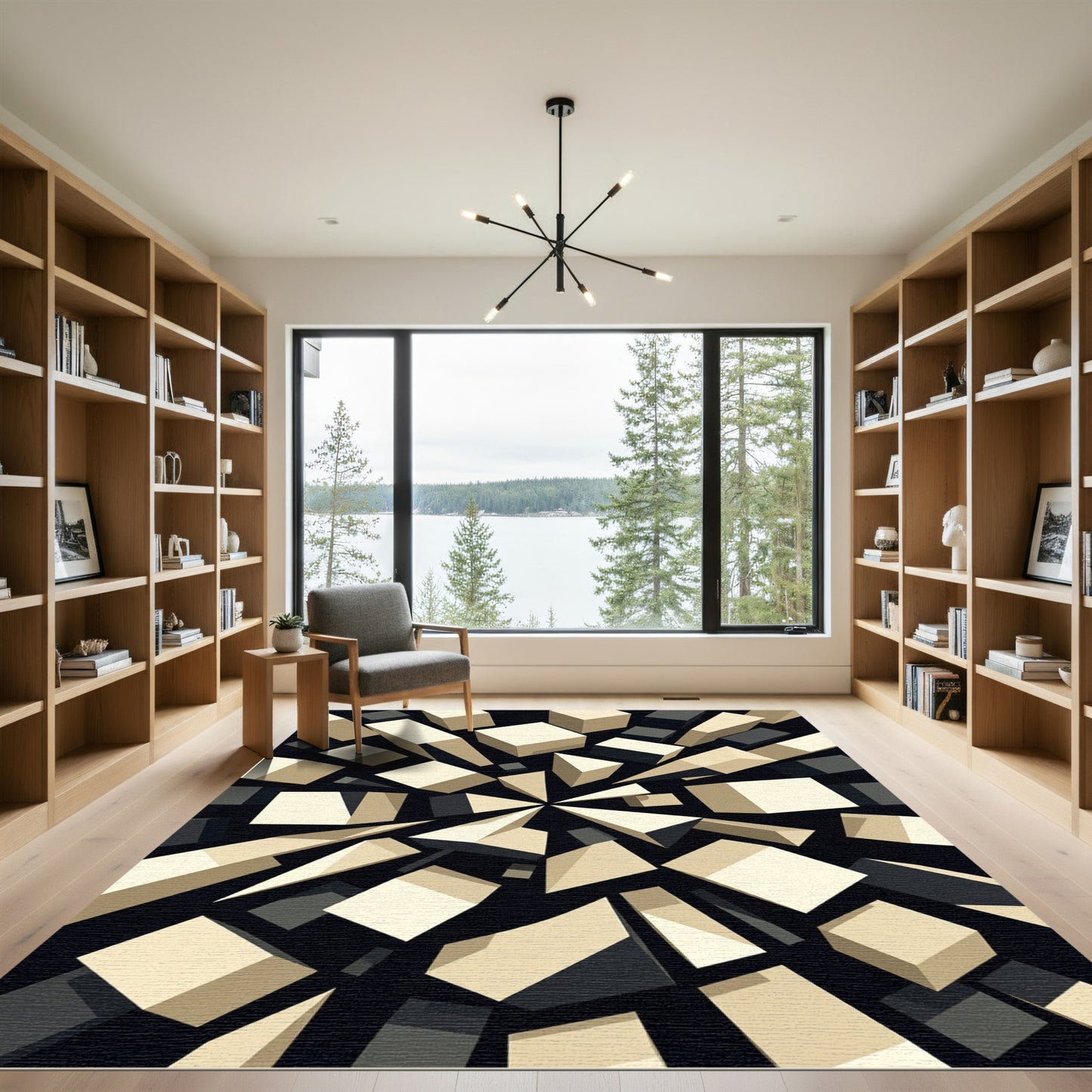 Monochrome Geometric Kinetic Cubist Abstract Rug