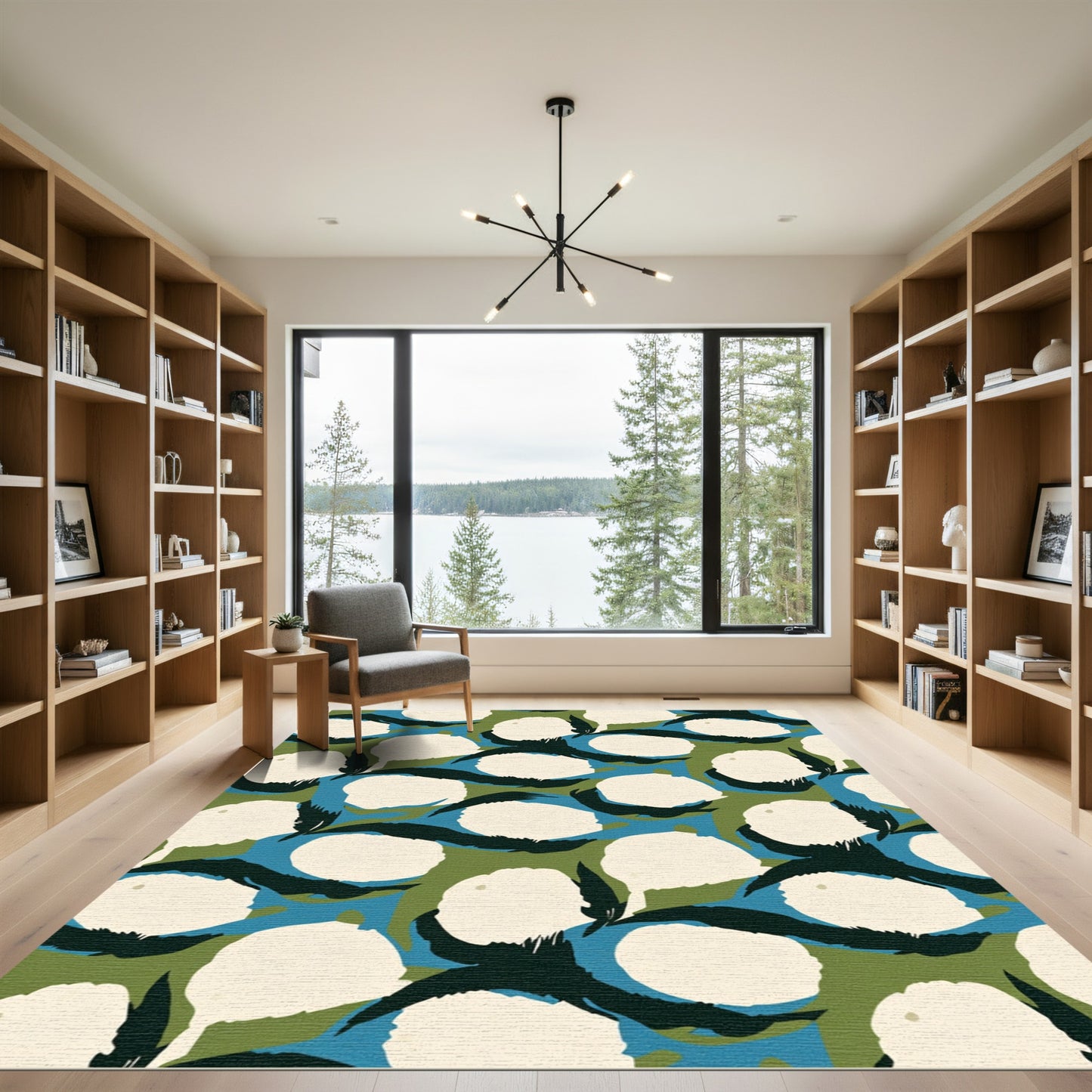 Cream White Abstract Botanical Composition Rug