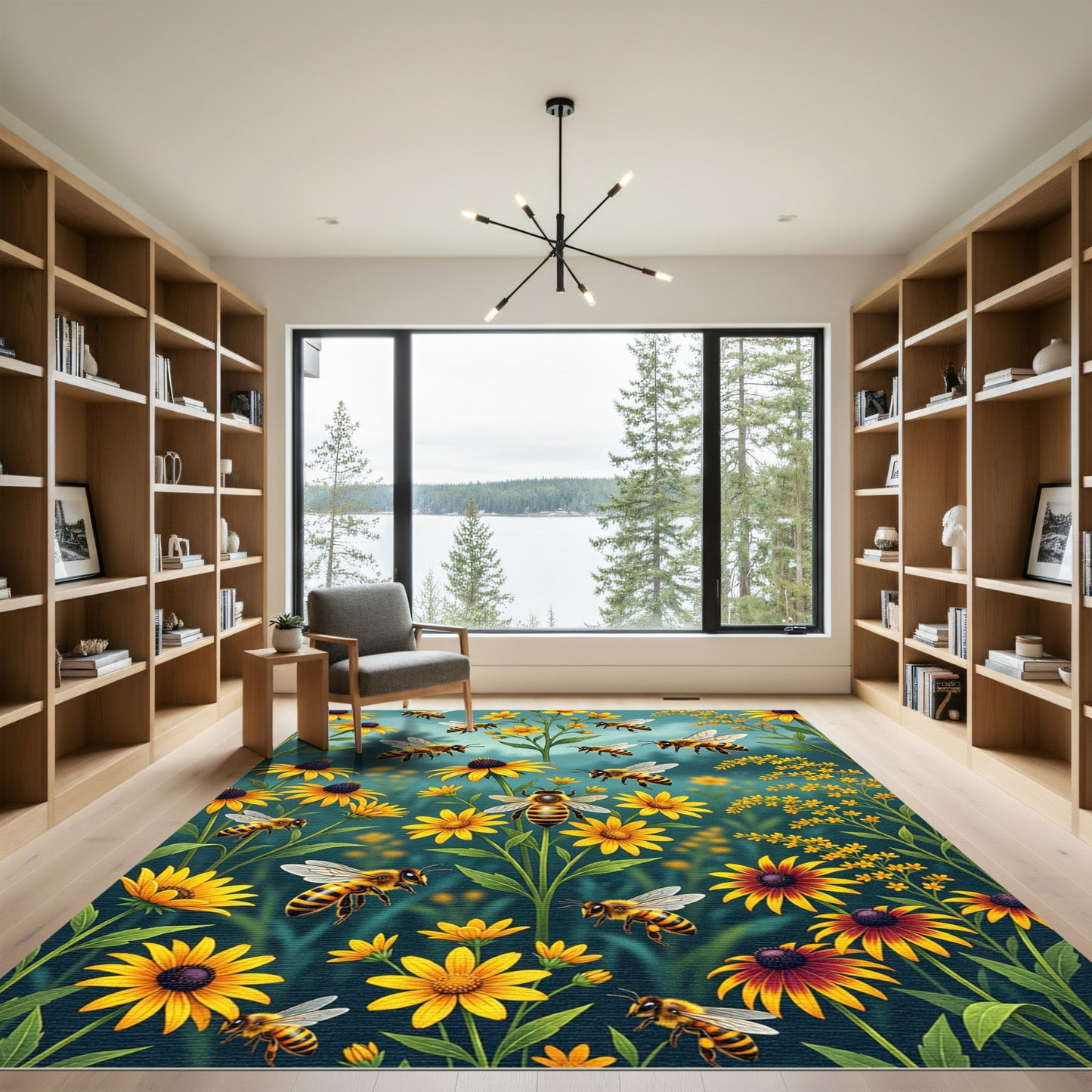 Vibrant Honeybee And Sunflower Garden Meadow Rug