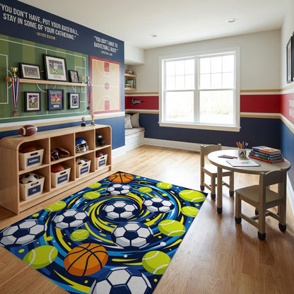 Vibrant Swirling Basketball Soccer Tennis Rug