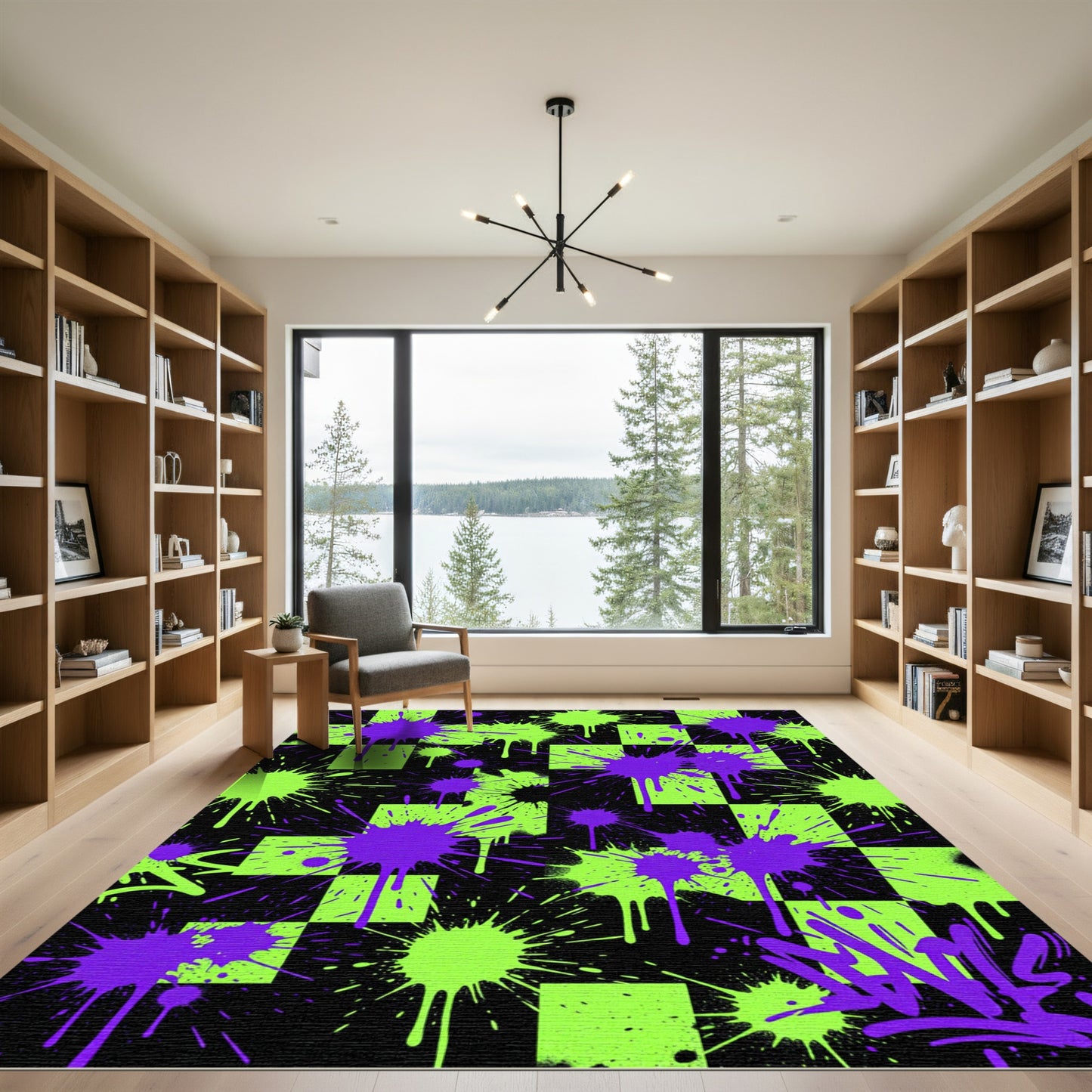 Neon Graffiti Splatter Checkerboard Rug