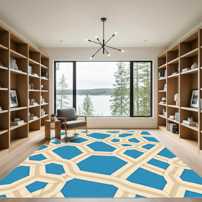 Blue Tan Interlocking Geometric Lines Rug