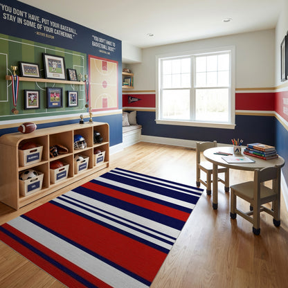 Navy Red White Bold Striped Rug