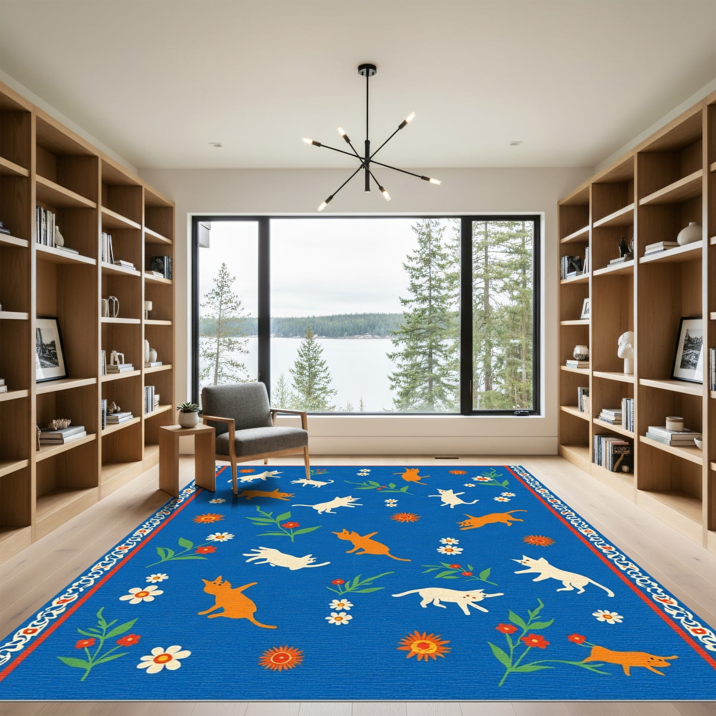 Vibrant Blue Playful Kittens Floral Garden Rug