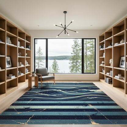 Vintage Blue Striped Nautical Ocean Wave Rug