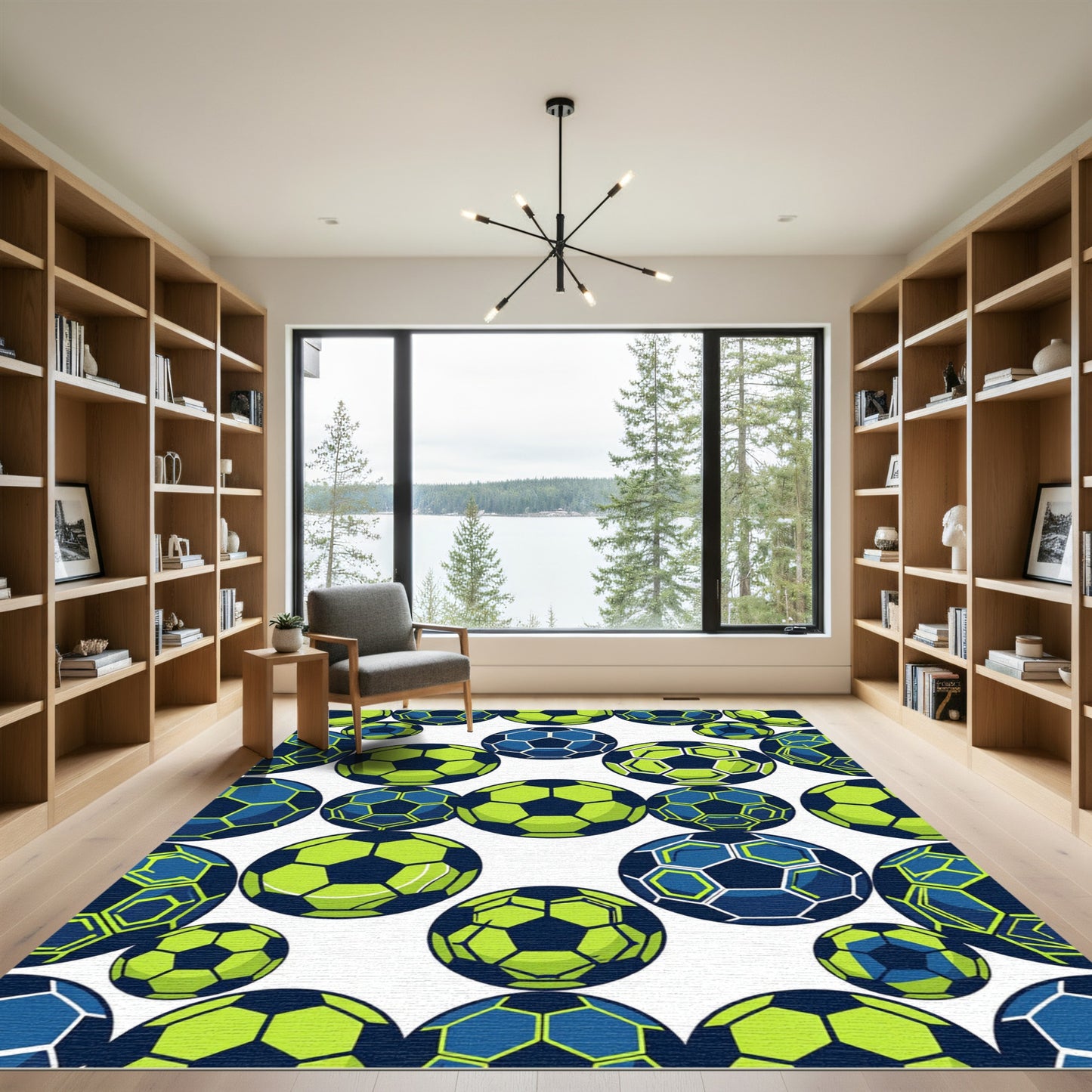 Vibrant Neon Soccer Ball Geometric Graphic Rug